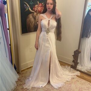 Mac Duggal 100% silk White Prom Dress with Embellished Waist